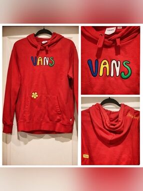Vans Red Hoodie Multicolor Logo Pullover Streetwear Sweatshirt Size (Small)